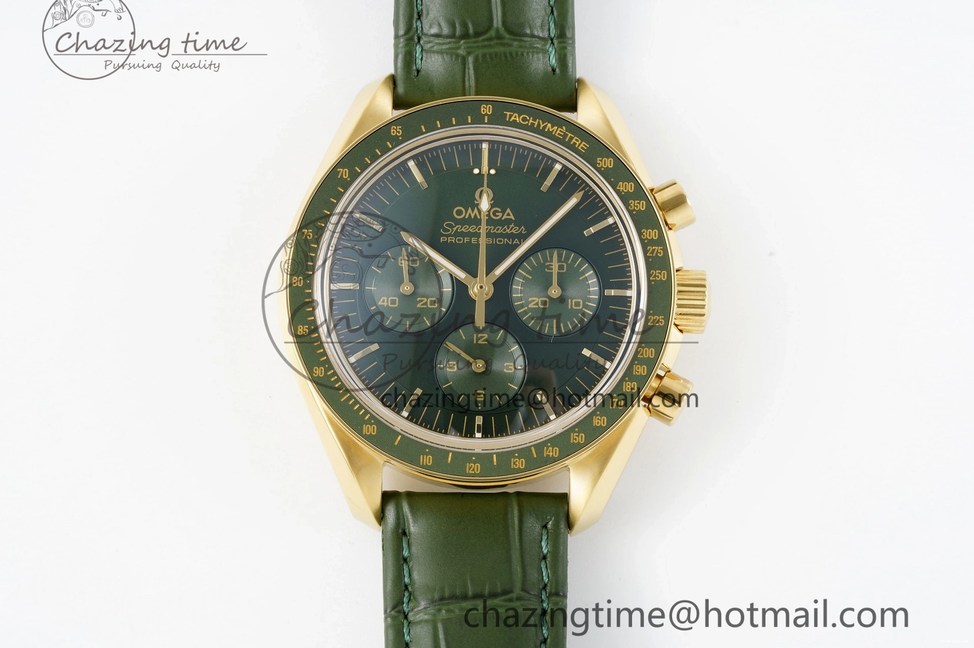 0404 Speedmaster Moonwatch in Moonshine Gold YG RMF Best Edition Green Dial on Green Leather Strap Manual Chrono EasyCare 7832